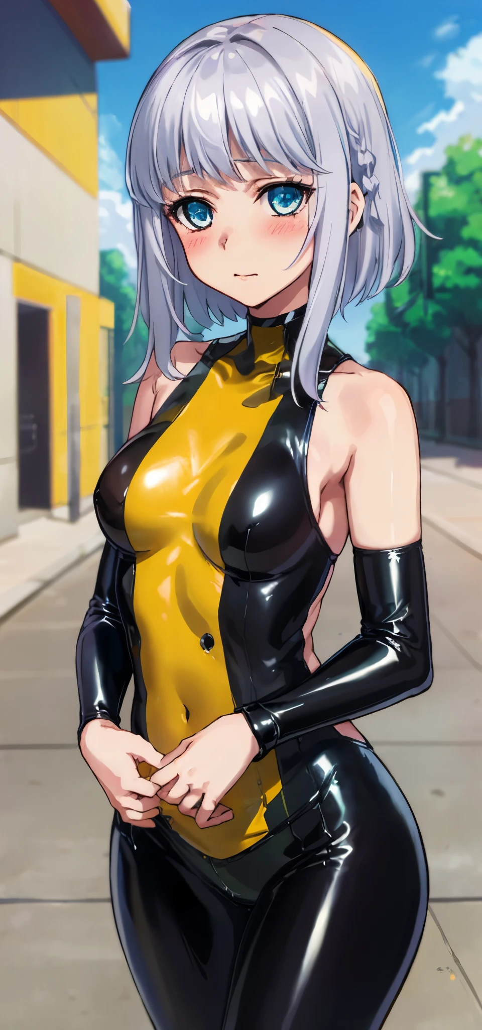 1 girl, kanon kanase, blush, medium breasts, sleeveless,((cowboy_shot, latex clothes, random clothes)), ((((30-year-old,mature)))), healthy skin.