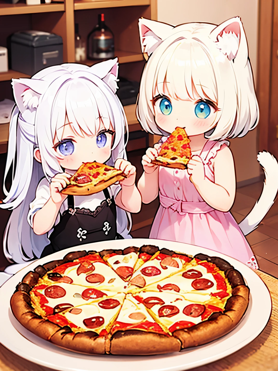 Tabletop、Spring City、Two girls anthropomorphizing kittens、 Body Type、Chibi、Cat ears and tail、Eating pizza ,Happy expression
