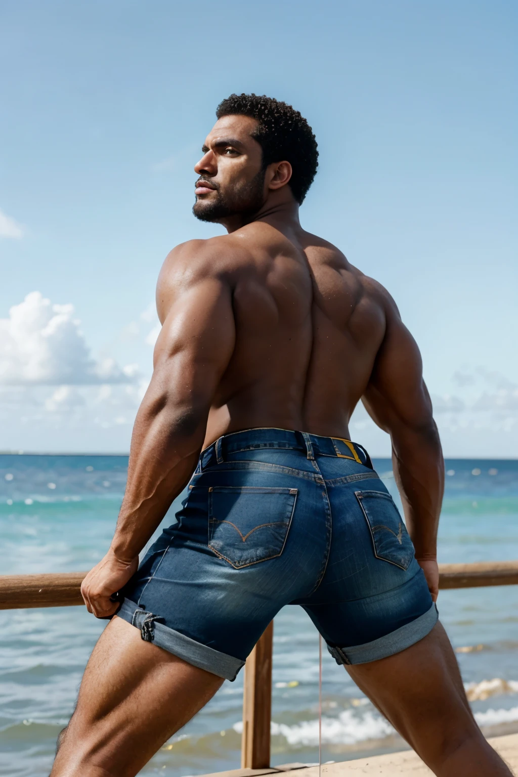 Un hombre negro con la cara se parece a Henry Cavill. Black man, Su cuerpo es musculoso y pectoral definido. paquete de seis. ingle. Cochas, pelo contra el viento. barba dentada.  Big butt, in a moment of reflection. Full body. Fajado, shorts Jeans backside.  bent over 