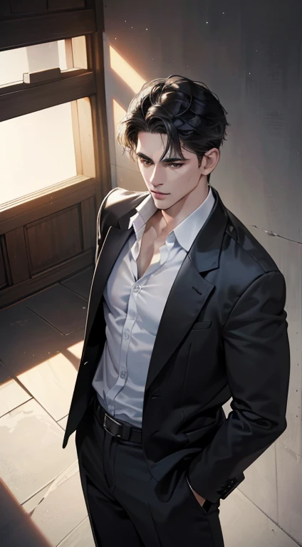(best quality, masterpiece, 8K, photorealistic, cinematic lighting, 1:4 hdr image, top view, ultra detailed, beautiful image), a mature man, very handsome, short black hair, black eyes, perfect face without errors , ((buttoning his jacket, CEO))