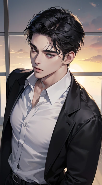 (best quality, masterpiece, 8K, photorealistic, cinematic lighting, 1:4 hdr image, top view, ultra detailed, beautiful image), a mature man, very handsome, short black hair, black eyes, perfect face without errors , ((buttoning his jacket, CEO))
