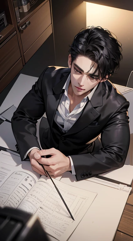 (best quality, masterpiece, 8K, photorealistic, cinematic lighting, 1:4 hdr image, top view, ultra detailed, beautiful image), a mature man, very handsome, short black hair, black eyes, perfect face without errors , ((buttoning his jacket, CEO))