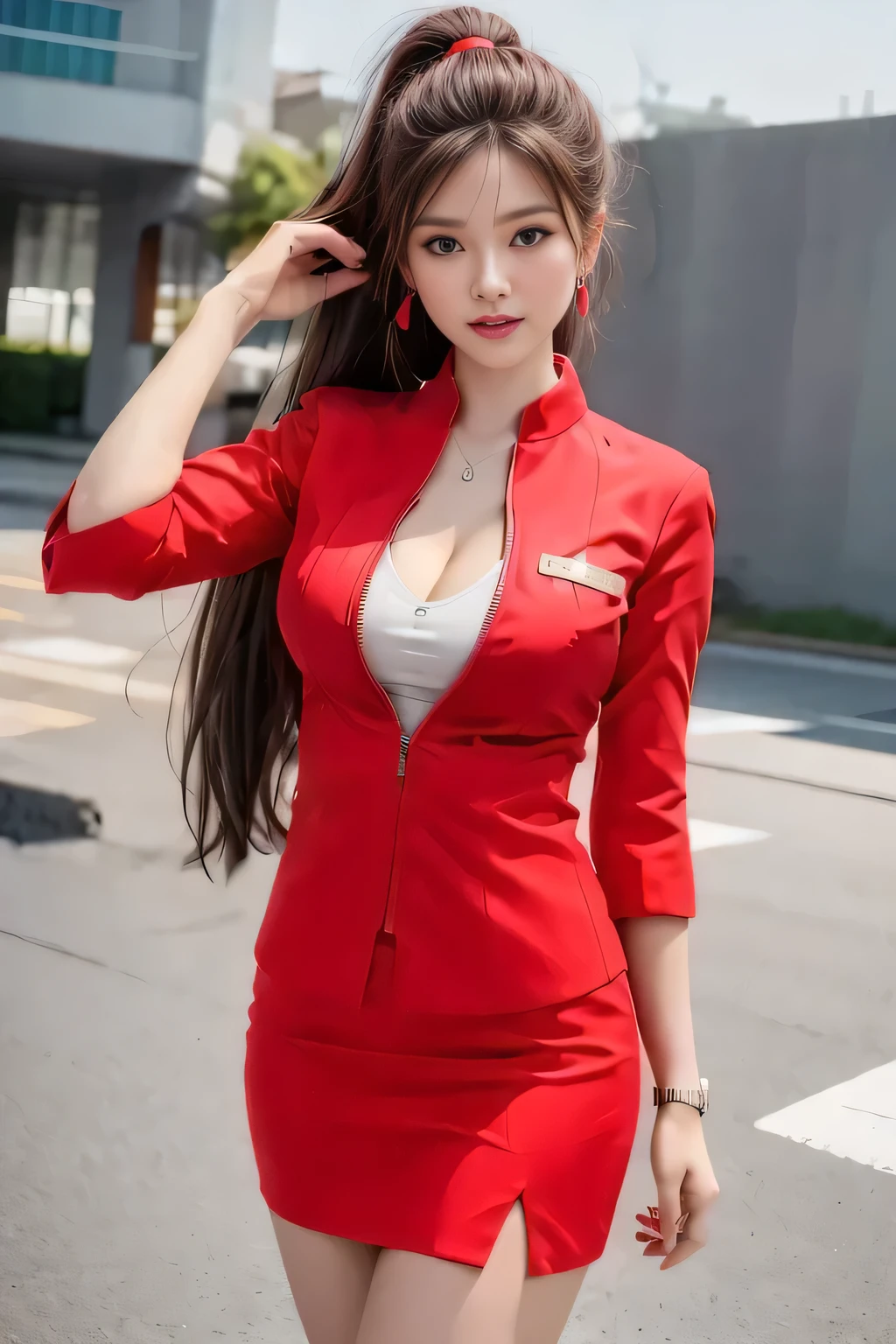 AirAsia red jacket uniform、Long hair down to the legs、Dark brown hair、Hair tied up、Tie your hair back in a ponytail、ponytail、Red rubber band、Luxury earrings、Captivating look、Blue Eyes、Young Asian Woman、