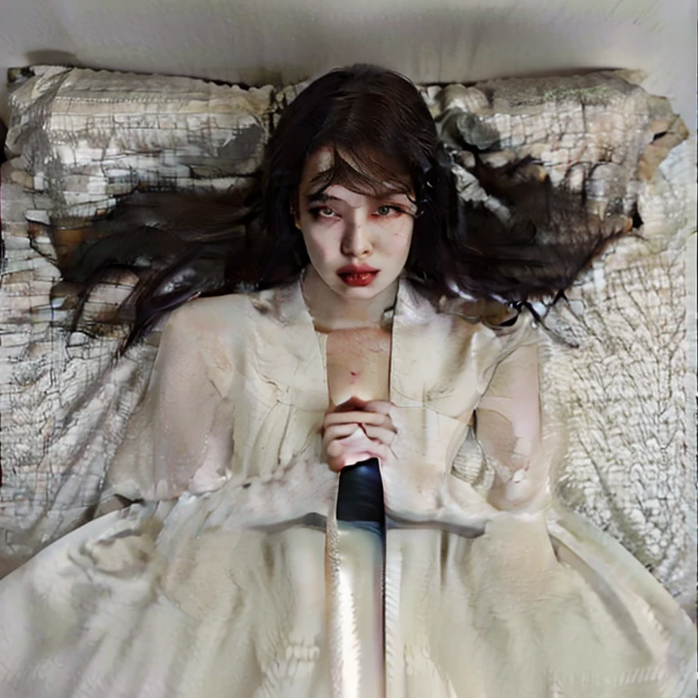 Mujer arafed con un vestido blanco acostada en una cama con una espada., pale porcelain skin, pale porcelain white skin, pale ivory skin, pale ivory skin, pale, snow-white skin,  Earley, bella delfina, pale gothic beauty, pale and light skin, pale and light skin!!, very pale skin, alexandra fomina, with pale skin, Steven Meisel