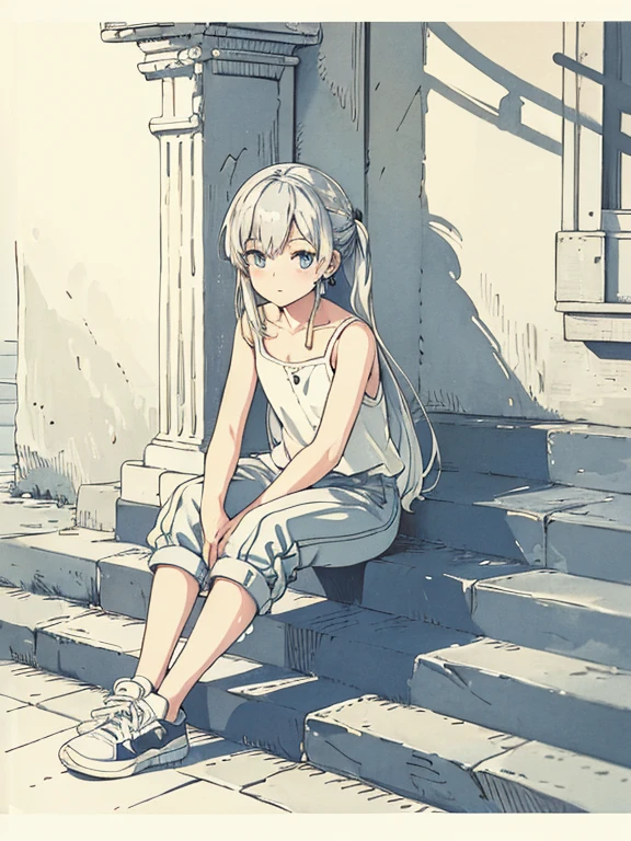 cute, masterpiece, highest quality, High resolution,,Girl sitting on the stairs, alone,Silver Hair, Small earrings,Semi-long hair, outside,Artistic,An illustration,Pants Style,Line art,Aqua Eye,morning,Best lighting,sun,casual, Girl in sneakers,clavicle,expensive,Flat Chest,Girl with hand on cheek,Watercolor