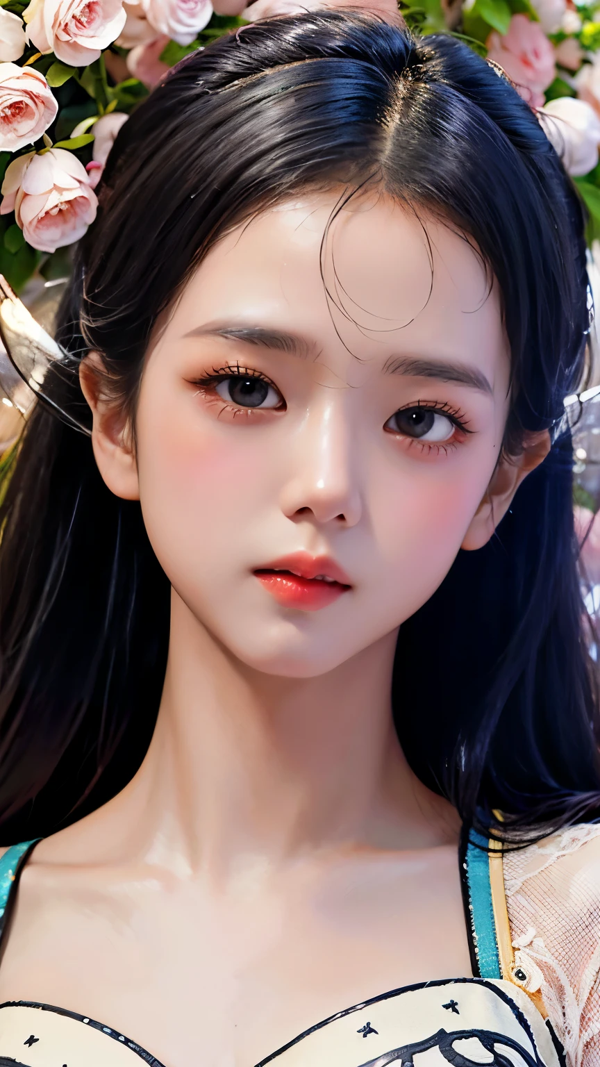 (best quality,4k,8k,highres,masterpiece:1.2),ultra-detailed,(realistic,photorealistic,photo-realistic:1.37),kim jisoo from blackpink as princess Ghibli,portraits,anime,kawaii,elegant,soft lighting,pastel colors,beautiful detailed eyes,beautiful detailed lips,graceful posture,long black hair,fair complexion,flowing princess gown,royal tiara,fairy wings,Ghibli-inspired background,enchanted forest,magical creatures,floating petals,butterflies,sparkling stars,serene expression,gentle smile