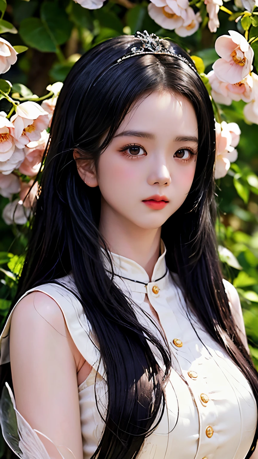 (best quality,4k,8k,highres,masterpiece:1.2),ultra-detailed,(realistic,photorealistic,photo-realistic:1.37),kim jisoo from blackpink as princess Ghibli,portraits,anime,kawaii,elegant,soft lighting,pastel colors,beautiful detailed eyes,beautiful detailed lips,graceful posture,long black hair,fair complexion,flowing princess gown,royal tiara,fairy wings,Ghibli-inspired background,enchanted forest,magical creatures,floating petals,butterflies,sparkling stars,serene expression,gentle smile