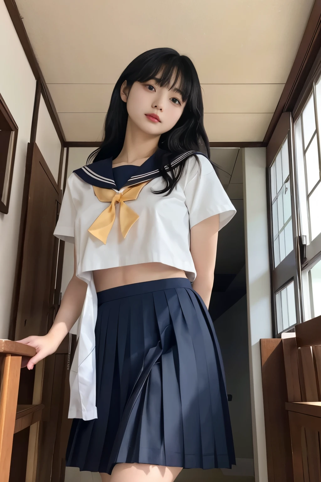 Masterpiece、highest quality、Woman 1、Super detailed、View looking up from directly below　Black Hair　Japanese school girl uniform、Sailor suit、Pleated skirt、Long skirt　Muscular belly、Large Breasts、under boob、Underboob　Sailor suitの中を真下から覗く、nipple slip from sailor　ceiling