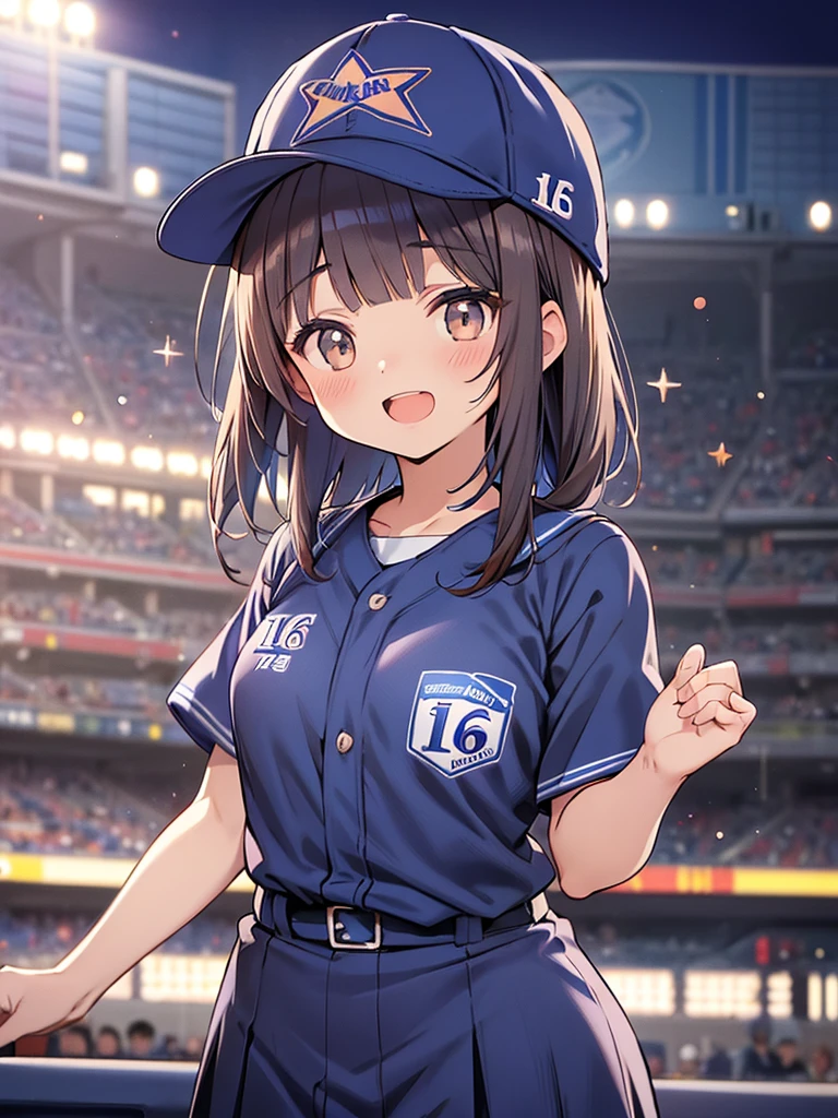 YOKOHAMA DeNA Baystars, masutepiece, ultra-detailliert, best quality,
((blue stripe baseball uniform)), 2 pretty girls, ((Blunt bangs)), brown hair, brown eyes, medium hair, (indigo buruma:1.5), buruma, skirt, ((silver-star-hairpin on her right bang)), (Uniform no.16:1.5), Left Wing Seats at the baseball stadium, (smile), (shouted), (baseball cap:1.2), (Yokohama Stadium), cowboy shot, (from front:1.2), looking forward,
(large audience),