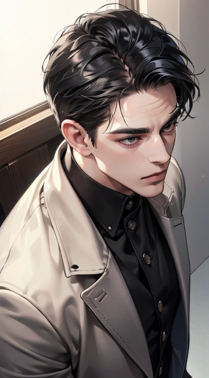 (best quality, masterpiece, 8K, photorealistic, cinematic lighting, 1:4 hdr image, top view, ultra detailed, beautiful image), a mature man, very handsome, short black hair, black eyes, perfect face without errors , ((buttoning his jacket, CEO))