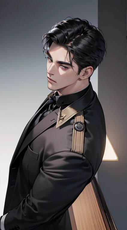 (best quality, masterpiece, 8K, photorealistic, cinematic lighting, 1:4 hdr image, top view, ultra detailed, beautiful image), a mature man, very handsome, short black hair, black eyes, perfect face without errors , ((buttoning his jacket, CEO))