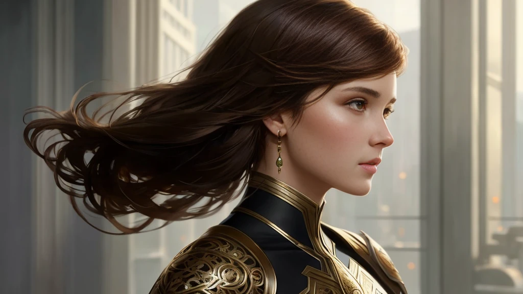 8k portrait of a beautiful brown haired cyborg,Complex,grace,Very meticulouajestic,Digital photography,Artgerm、Ruan Jia、Art by Greg Rutkowski Surrealist Painting Filigree,Broken glasasterpiece,Side slits,Exquisite and beautiful eyes:1.2 ), Human Development Report,