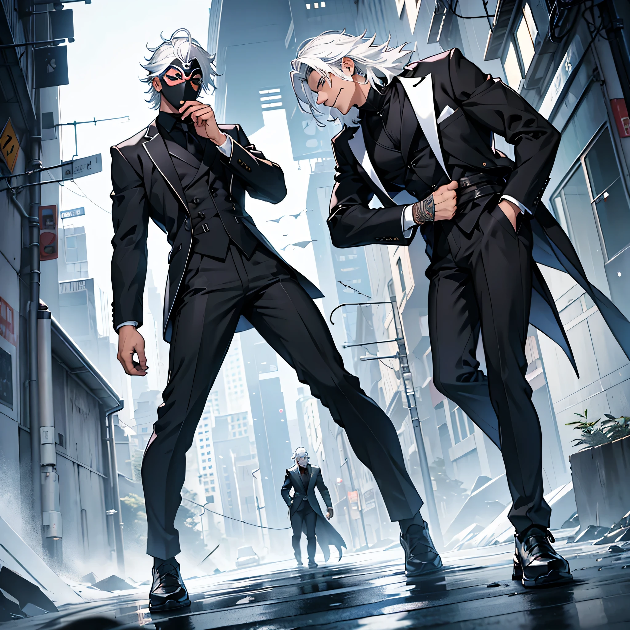 human man, medium length white hair, mask with a smile, full black suit, full body