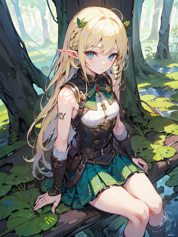 masterpiece, highest quality, Very detailed, 16k, Ultra-high resolution、1 14 year old elf girl, Detailed face、Perfect Fingers, Elf Ears, Small breasts, blue eyes, Blonde, Braid, Sleeveless, Tight Skirt, Light clothing, Carrying a bow on your back, in the forest, Sitting on the branch of a big tree