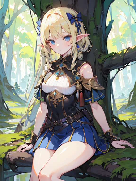 masterpiece, highest quality, Very detailed, 16k, Ultra-high resolution、1  elf girl, Detailed face、Perfect Fingers, Elf Ears, Small breasts, blue eyes, Blonde, Braid, Sleeveless, Tight Skirt, Light clothing, Carrying a bow on your back, in the forest, Sitting on the branch of a big tree