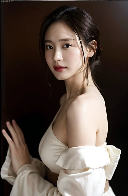 8K、top-quality、masterpiece、超A high resolution、a picture、beautiful japanese female、Elegance、There is a good、Moist beauty、The eyes are far away、Transparent atmosphere、Beautiful face、Raised corners of the mouth、Gradient lighting、1girl in、Delicate skin、Look into the distance、Brown-eyed、breasts are large、(realisitic:1.4)、(top-quality:1.0)、(超A high resolution:1.0)、8K、Raw photography、(pureerosface_v1:0.5), wearing sexy kimono, almost naked,