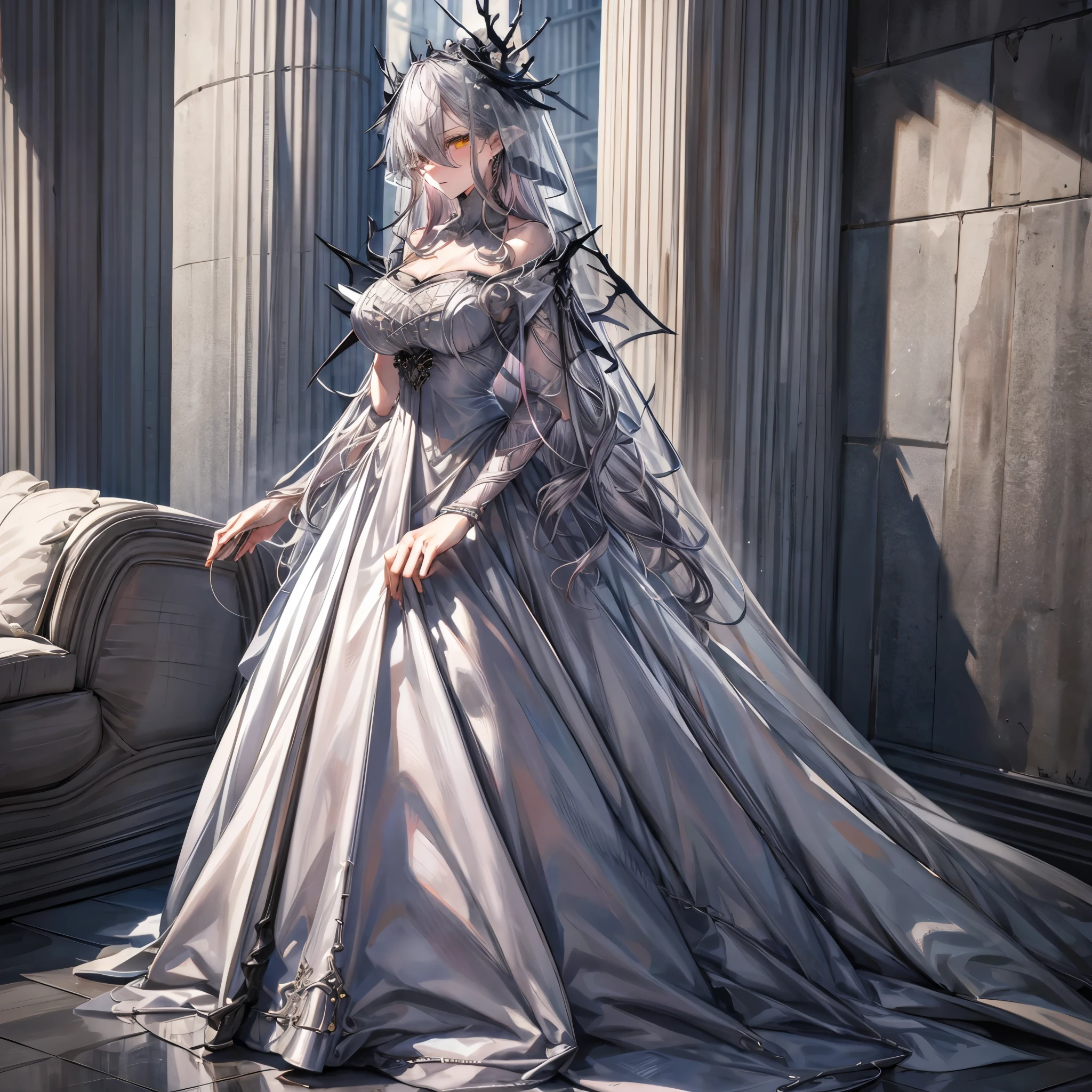 grey-hairstyle, veil over eyes, horns,yellow eyes,grey hair,Have a pair of long legs，Possessing a pair of huge devil wings，Wedding Dress，Wedding Dress，Wedding Dress，Wedding Dress，With pink waist-length hair，Loose hair，Wearing a pair of Mary Janes，Pink hair bance full of enjoyment，Standing tall in a crowded town, Wanton destruction，It seems to be an invincible existence，beautiful appearance，Exquisite makeup，quality，8k,high quality,(Governor:1.5)，Aerial view，Perfect proportion, Cinema Lighting, Film Grain, Fuji Colors, 8k, textured skin, Super Detail, High Detail, high quality, high resolution,