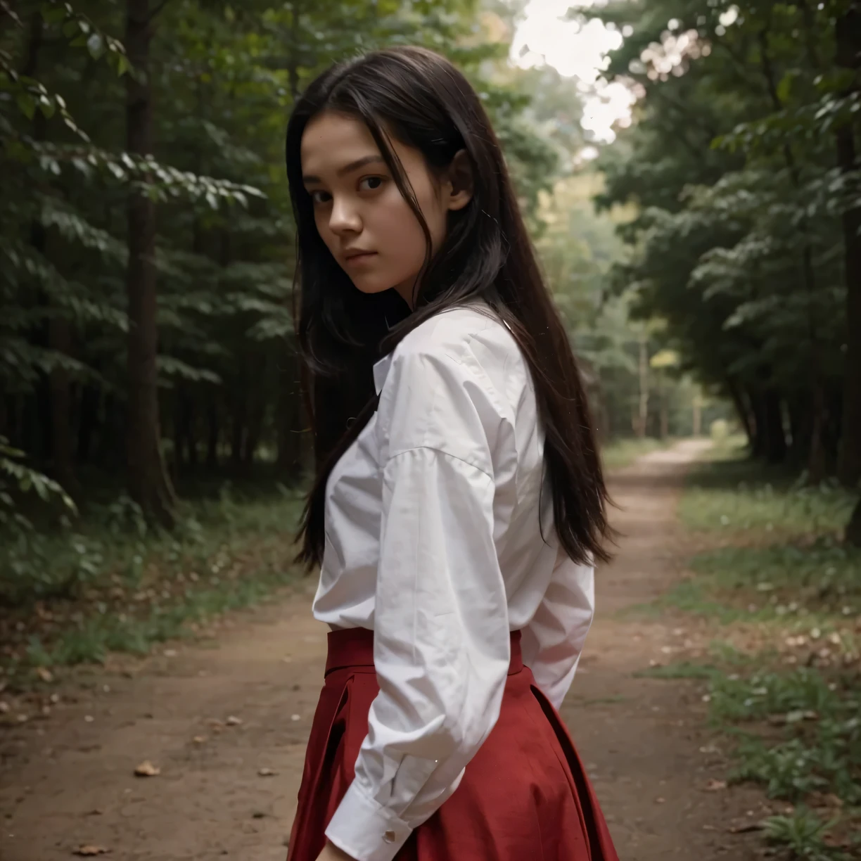 short skinny girl, tucked shirt, red long skirt, long sleeves, black hair, at the forest