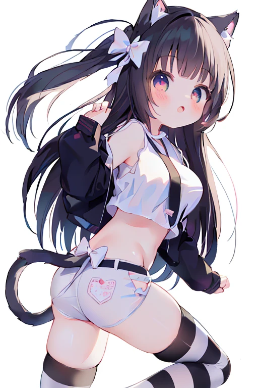 Anime Girl with black hair and white shirt and black and white striped stockings, cute anime catgirl, Anime cute art style, anime catgirl, seductive Anime Girl, White cat girl, Charming cat girl, Very beautiful anime cat girl, (Anime Girl), cute Anime Girl, Anime Girl with cat ears, Anime Girl, , beautiful anime catgirl