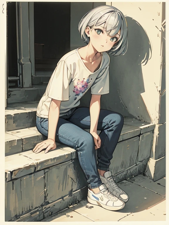 cool, masterpiece, highest quality, High resolution,,Girl sitting on the stairs, alone,Silver Hair, Small earrings,short hair, outside,Artistic,An illustration,Pants Style,Line art,Aqua Eye,morning,Best lighting,sun,casual, Girl in sneakers,clavicle,expensive,Flat Chest,Girl with hand on cheek,Watercolor,Beautiful Face,tall