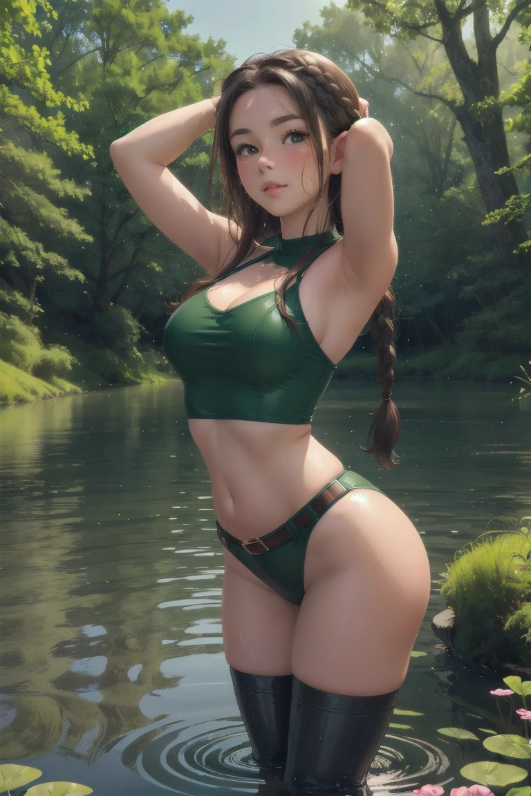 elf girl, master piece, mountains, forest, chilling in lake, thigh deep in water, walking to viewer, leather straps, one piece green sweater, blushing, freckles, wide hips, slim waist, thick thighs, hourglass shape, masterpiece, best quality, sfw, mature 26 year old woman, eleagant lake, tranquility fills the morning air, dew on trees and lake, slightly foggy, brown hair, thigh high leather boots, standing in water, moist face, bare shoulders, sleeveless top, leather belt, vast open lake, vary large lake, beutiful reflection, god rays coming through clouds, wavy hair, mouth open, shiny. lips, mist and dew elegantly falling over lake, slightly overcast, braided hairband, beutiful round eyes, very early in the morning, doe eyes, inocent, content, peaceful happy, hands on head, arms up