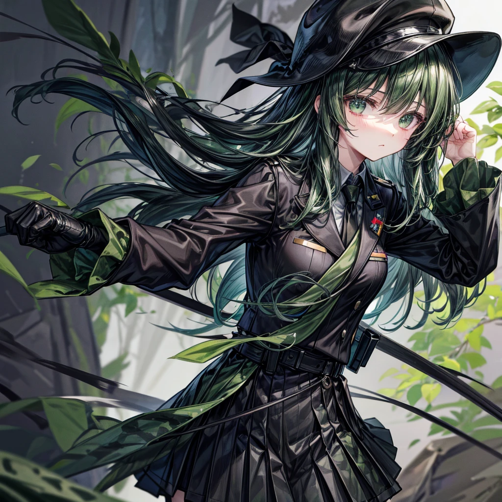 A black military hat and a green camouflage pleated mini dress、The dark green tie has a black line down the center.、