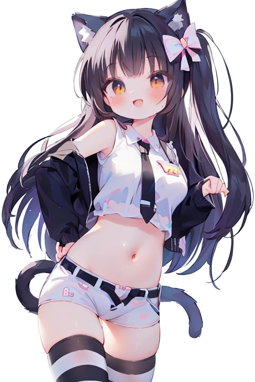 Anime Girl with black hair and white shirt and black and white striped stockings, Anime cute art style, cute anime catgirl, seductive Anime Girl, Charming cat girl, Kurai Mika Devil, anime catgirl, White cat girl, (Anime Girl), Very beautiful anime cat girl, Internal Medicine Rice, Ecchi anime style, cute Anime Girl, Fleet Collection Style，Juvenile face，Happy smile