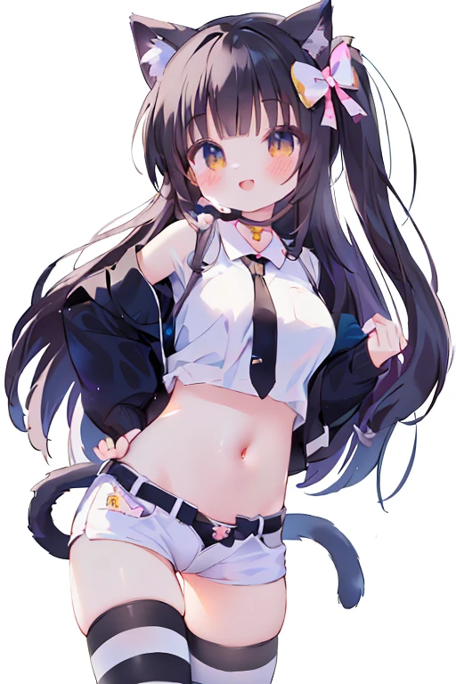 Anime Girl with black hair and white shirt and black and white striped stockings, Anime cute art style, cute anime catgirl, seductive Anime Girl, Charming cat girl, Kurai Mika Devil, anime catgirl, White cat girl, (Anime Girl), Very beautiful anime cat girl, Internal Medicine Rice, Ecchi anime style, cute Anime Girl, Fleet Collection Style,Juvenile face,Happy smile