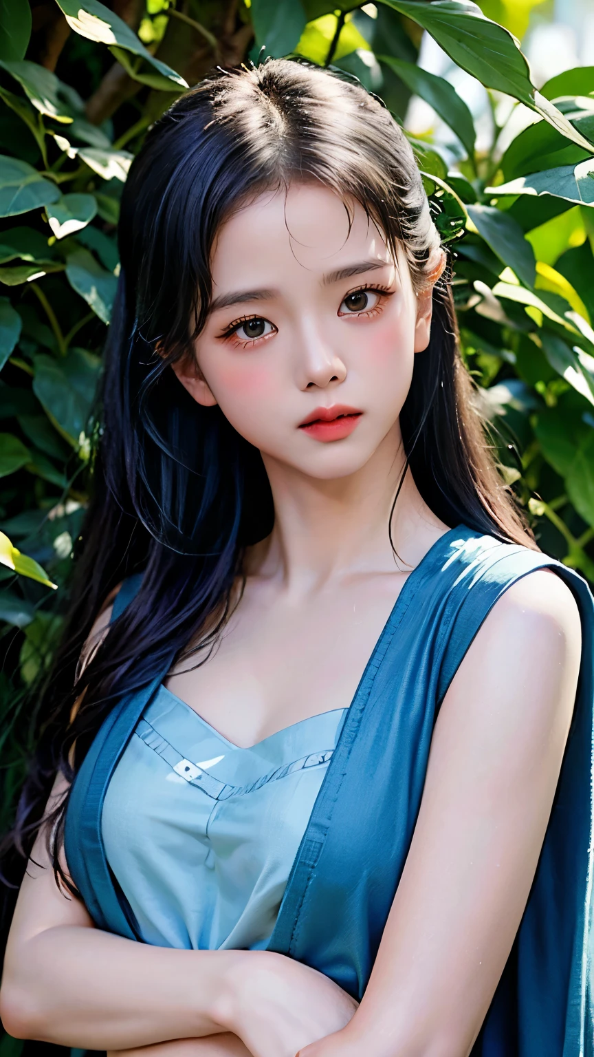 (best quality,4k,8k,highres,masterpiece:1.2),ultra-detailed,(realistic,photorealistic,photo-realistic:1.37),A girl looking like Kim Jisoo in the role of mother Mary, with beautiful detailed eyes, beautiful detailed lips and extremely detailed face, in a garden setting. She is wearing a white flowing dress and a blue shawl draped over her shoulders. The garden is filled with vibrant flowers and lush greenery. The sunlight gently filters through the leaves, casting a soft, ethereal glow on the scene. The color palette is serene and peaceful, with pastel shades of blue, white, and green dominating the composition. The atmosphere is filled with a sense of tranquility and devotion. The girl's expression is serene and thoughtful, evoking the iconic image of mother Mary. The painting style is reminiscent of classical oil paintings, with rich textures and smooth brushstrokes. The overall composition is balanced and harmonious, emphasizing the importance of spiritual contemplation and motherly love.