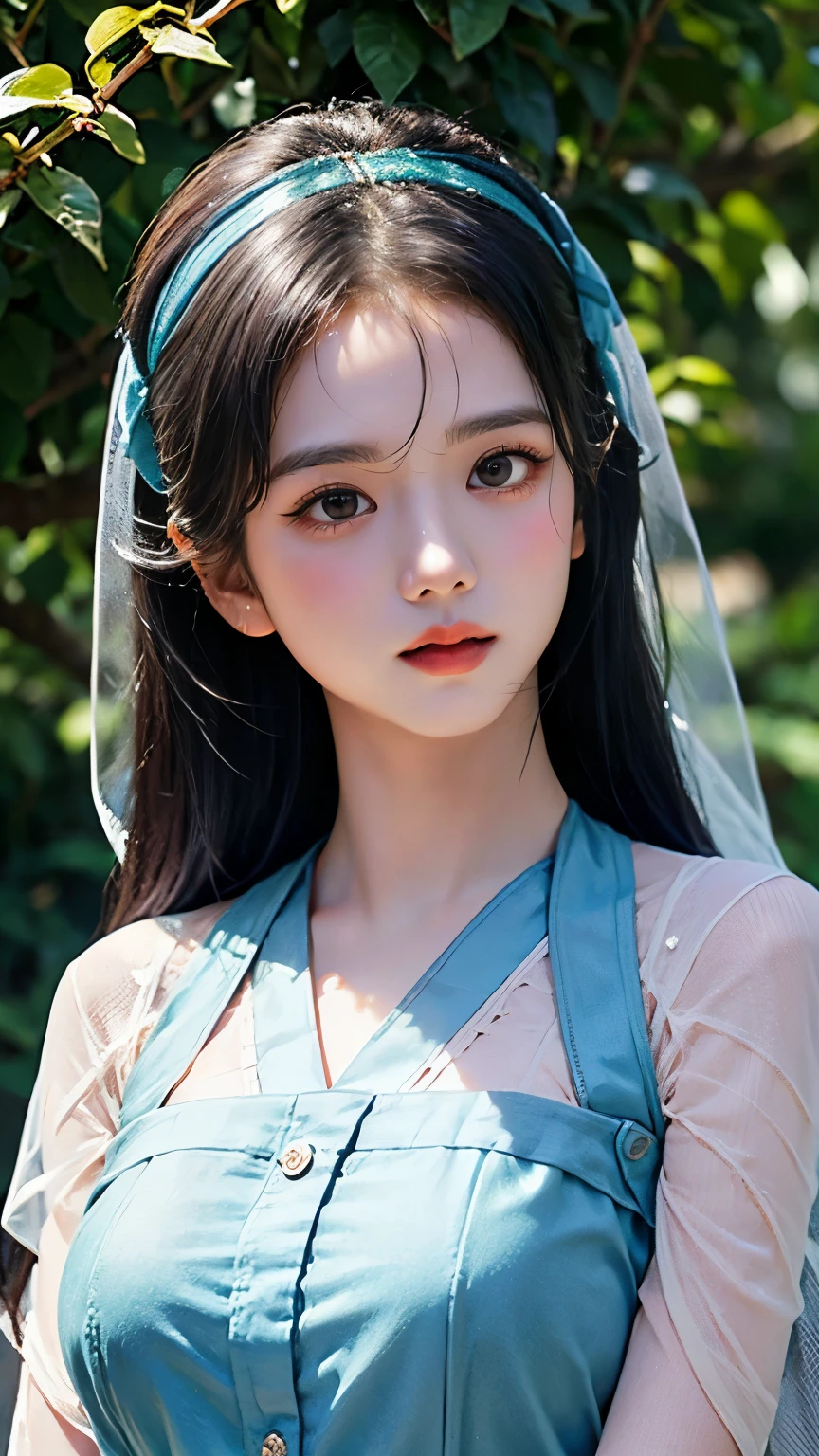 (best quality,4k,8k,highres,masterpiece:1.2),ultra-detailed,(realistic,photorealistic,photo-realistic:1.37),A girl looking like Kim Jisoo in the role of mother Mary, with beautiful detailed eyes, beautiful detailed lips and extremely detailed face, in a garden setting. She is wearing a white flowing dress and a blue shawl draped over her shoulders. The garden is filled with vibrant flowers and lush greenery. The sunlight gently filters through the leaves, casting a soft, ethereal glow on the scene. The color palette is serene and peaceful, with pastel shades of blue, white, and green dominating the composition. The atmosphere is filled with a sense of tranquility and devotion. The girl's expression is serene and thoughtful, evoking the iconic image of mother Mary. The painting style is reminiscent of classical oil paintings, with rich textures and smooth brushstrokes. The overall composition is balanced and harmonious, emphasizing the importance of spiritual contemplation and motherly love.