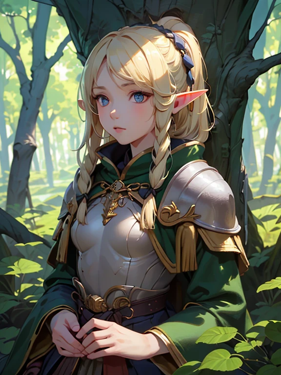 masterpiece, highest quality, Very detailed, 16k, Ultra-high resolution、1 14 year old elf girl, Detailed face、Perfect Fingers, Elf Ears, Small breasts, blue eyes, Blonde, Braid, Sleeveless, Tight Skirt, Light clothing, Carrying a bow on your back, in the forest, Sitting on the branch of a big tree