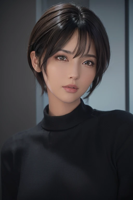(masterpiece:1.3), (8k, photorealistic, RAW photo, best quality: 1.4), (1girl), beautiful face, (realistic face), (black hair, short hair:1.3), beautiful hairstyle, realistic eyes, beautiful detailed eyes, (realistic skin), beautiful skin, (sweater), absurdres, attractive, ultra high res, ultra realistic, highly detailed, golden ratio