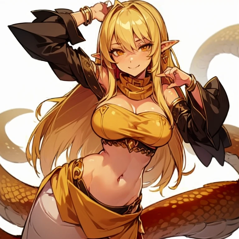 Masterpiece, best quality, expressive eyes, perfect face, lamia, 1girl, breasts,gold_eyes, monster girl, solo, long hair, pointy ears, large breasts, blonde hair, midriff, scarf, skirts, sleeves, navel, jewelry, smile, simple background, bracelet, white background 