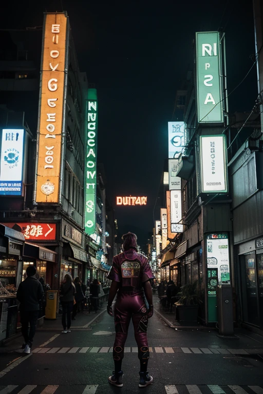 Image of a Digimon looking at the sky full of green lines in the middle of a futuristic city full of cyberpunk buildings and neon lighting 