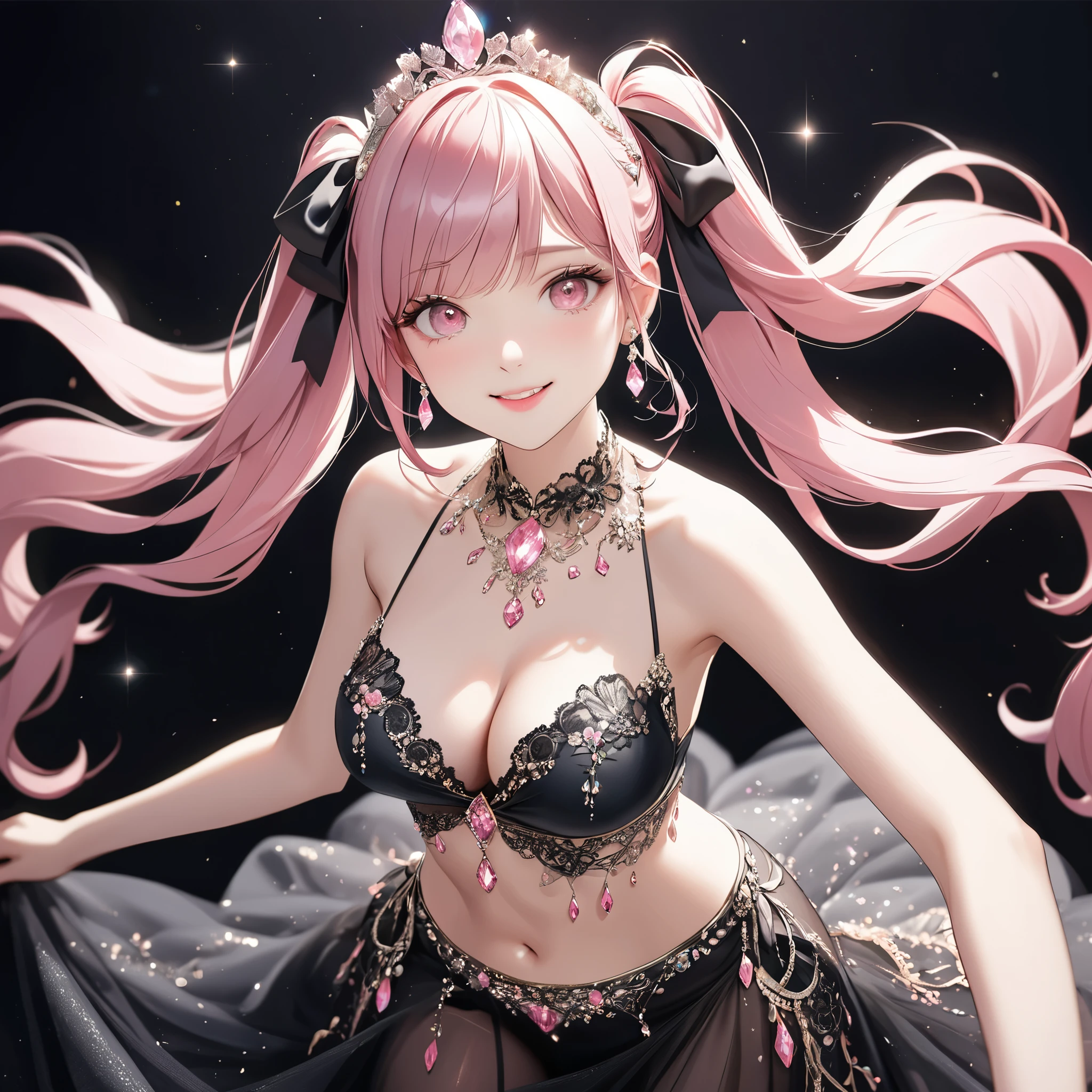 (8K, masutepiece, Highest Quality, Best Quality, Official art, Breathtaking beauty and aesthetics, highly detailed, best masterpiece in history that exceeds limits, Breathtaking and beautiful lighting:1.2), (1 Girl, Solo), (), (Beautiful detailed face), (shiny white skin), (Beautiful big bust, cleavage:1.3), (thighs), (Beautiful detailed pink twin tails hair, Bangs:1.3), (beautiful detailed drooping pink eyes:1.5), break, (black Theme, Beautiful bellydancer, black See-through intricate lace, black cute bow ribbon, black See-through frill, silver thread, Diamond), (Beautiful Luxurious Diamonds Tiara), (happy Beautiful Gentle cute innocent smile:1.2), (Attractive, amazing, Beautiful, Elegant, Luxurious, magnifica, Eye-catching, Graceful, Everyone loves it, Healed, cute like an idol, Stylish like a fashion model, Goddess-like grace, Look at the camera, cute pose, Happy, standing), breathtaking scenery, (ultra detailed realistic Breathtakingly beautiful Luxurious garden, night sky, shooting stars:1.2),