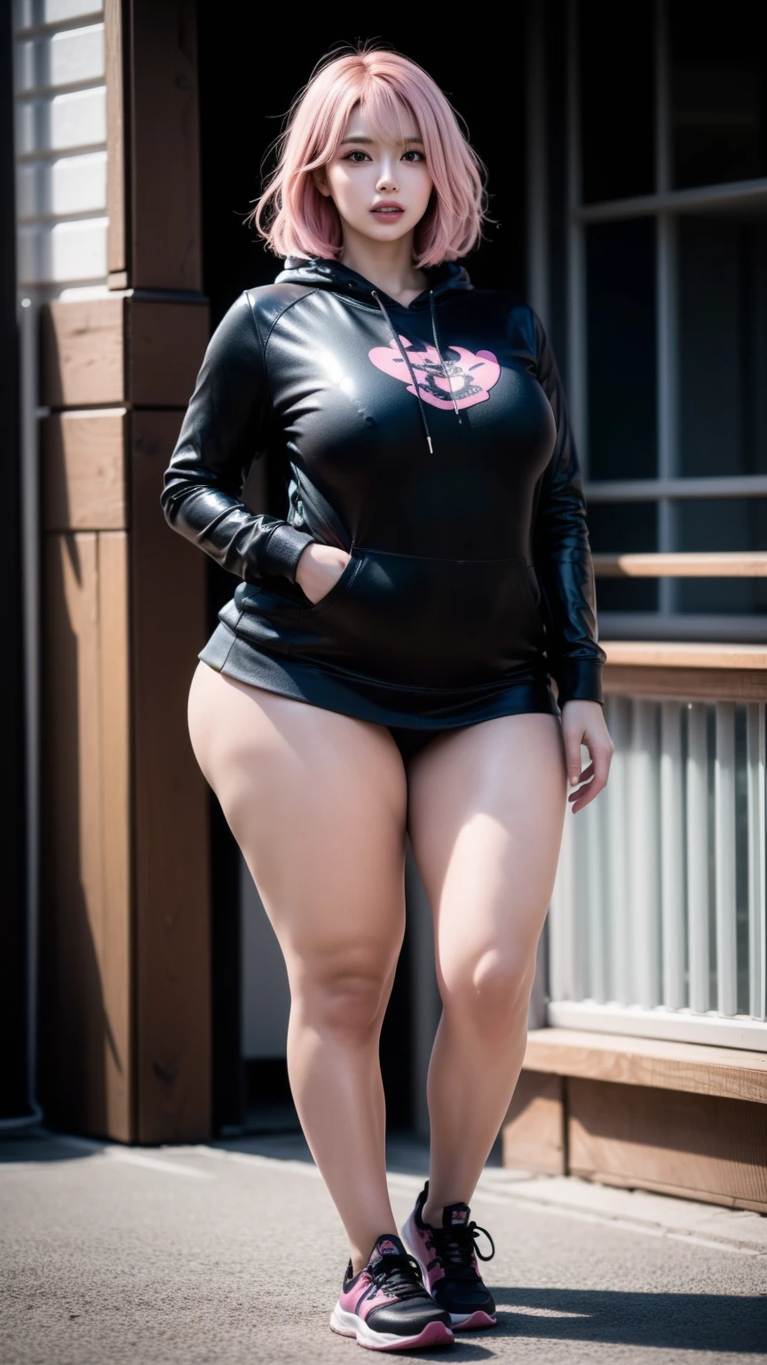 Girl with pink hair, Bob cut, perfect body, wonderful, perfect breasts, marked people, pink eyes with irises in the shape of a cross, sexy gilfriend Beauty hair cut Bob, sexy and horny Body black latex hooded sweatshirt black latex skirt rolled eyebrows, ultra quality, sneakers black sports shoes, full body, with a subdued surrounding lighting that is a masterpiece. She is a girl whose body is significantly detailed, and whose entire body resembles a Vtuber girl, head on stand pose,better_hands, Beauty lips ,hands on the hips,
