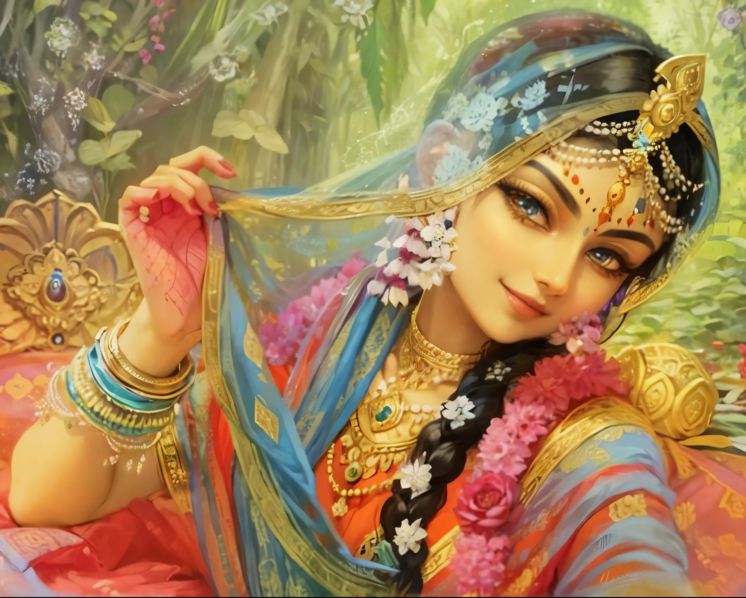 Shree Radharani, sidelong glance, extremely beautiful large lotus eyes, divine smile, charismatic face, holding Her blue saree with lotus handa, lang black hair braid, golden complexion, forest scenery