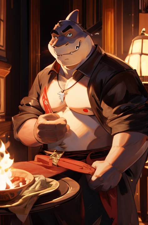 Mister Shark, Gordo, gordo, Barriga, olhos pretos, (Pose:1.3), (posando:1.3), (Sombreamento Suave), 4K, nada ali, cinco dedos, detalhado hands, ((detalhado face, (detalhado eyes:1.0), detalhado)), (corpo todo), por Zackarry911, por Zaush, (por pessoais:0.5), olhando para o espectador, Camisa, 1 , jaqueta de couro preto, foco masculino, roupas abertas, giant head, huge head, big head