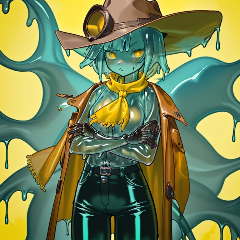 Cowgirl outfit, leather long coat, slime girl, teal slime, viscous slime skin, transparent body, teal slime body, yellow eyes, short hair, goopy, yellow bandana scarf, bandolier, gunslinger, cowboy hat, pout, white button up shirt, black leather pants, white shirt, buttons, yellow bandana, bandana scarf, crossing arms