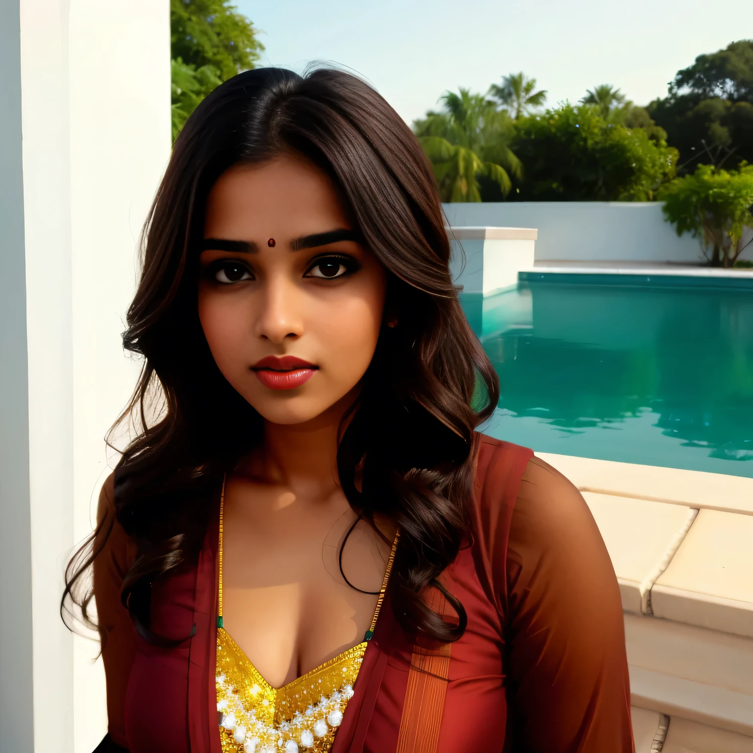 ((beautiful)+(attractive:0.9)+(sensual:0.8)) white indian women ((nerd:0.8)+(lovely)+(clean skin)) with hazel eyes and red lips. Medium brown hair, ((intense eyes))