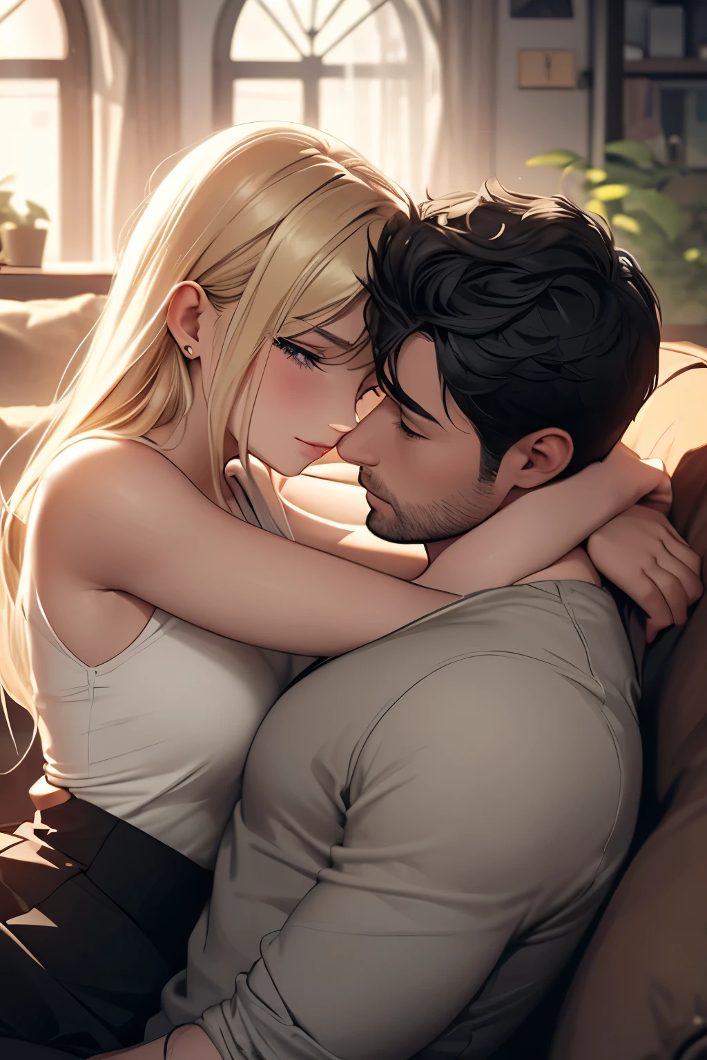 couple kissing on a sofa, blonde girl, man with black hair
