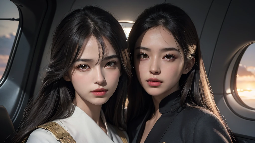 highest quality, masterpiece, 8k, Ultra-high resolution, (Realistic:1.4), Very detailed, Intricate details, Delicate and beautiful, Good lighting, Professional Lighting, Sharp focus, Detailed Shadows, Exquisite detail and texture, Depth of written boundary, unity 8k wallpaper, Structure of the film, Cinema Lighting, Official Art, flight attendant, flight attendant, Black Pantyhose, (aircraft, (aircraft回廊), aircraftの座席) Beautiful and elegant face, Detailed face, Fine grain, Realistic Hair, Long Hair, (One girl), (Are standing:1.3),