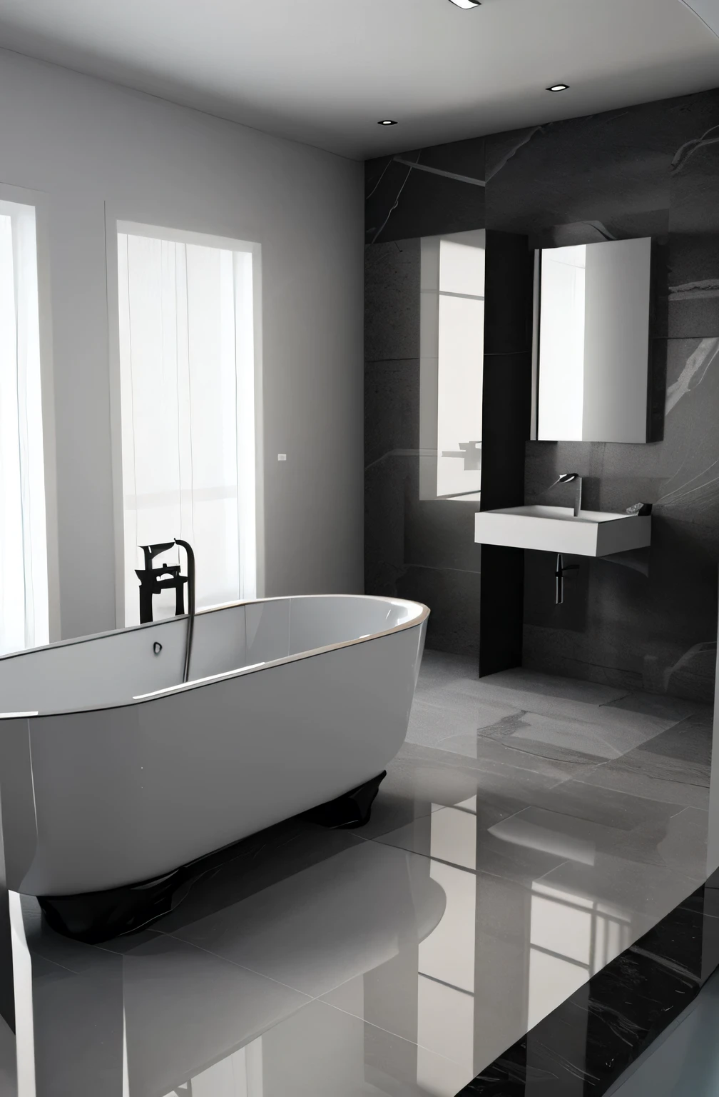 Professional 3d architecture rendering design of modern and French design for bathroom with white bathtub and toilet and black slab stone