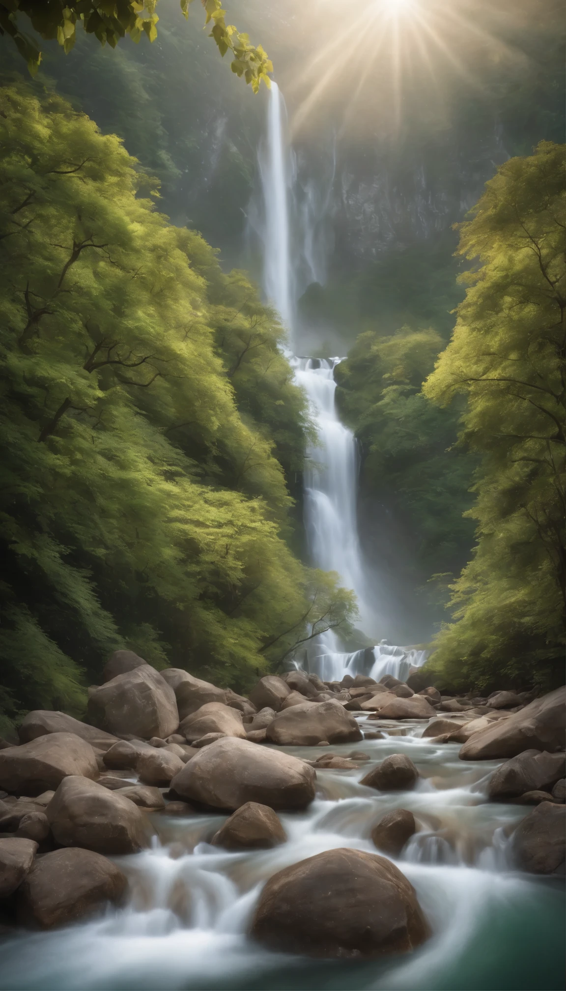 See breathtaking views where chaotic rushing waterfalls meet serene beauty。The waterfall cascading down the cliff、When the sunlight hits the complex and detailed surface of the water,、Water droplets splash in all directions。Ray tracing is、Breathing life into every drop、Creates realistic, detailed reflections on the calm lake below。This masterpiece is、It is the result of meticulous craftsmanship.、Photorealistic detail at its finest.。This scene comes alive with HDR lighting.、Rich colors and sharp focus are emphasized.、The backlighting accentuates the texture of the leaves and waves.。Sparkling light dances with water and color。