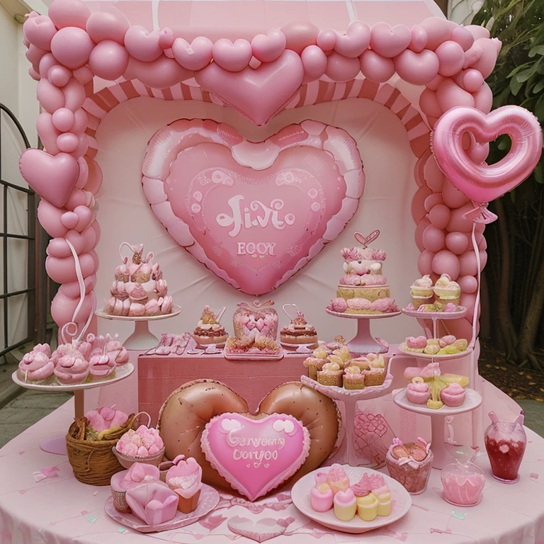there is a box with a heart-shaped balloon and a basket of sweets, 🎀 🗡 🍓 🧚, ( pronto - feito ), romantic theme, presentes, totalmente decorado, em uma bandeja de madeira, 🐿🍸🍋, adorable and cute, doces, pastel&#39;, 🎀 🧟 🍓 🧚, por Eden Box, 🐝👗👾 com uma placa escrito (Happy Mother's Day)