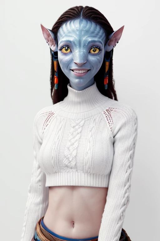 best quality, extra resolution, close up portrait of (AIDA_LoRa_Neytiri:1.3) as cute girl, pretty face, (rseemma:1.1) naughty, funny, happy, playful, intimate, flirting with camera, wearing sweater, cinematic, studio photo, kkw-ph1, (colorful:1.1), (light theme:1.1) photorealistic (white background:1.3)