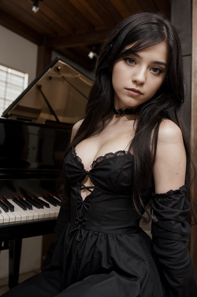 Choca, joven musica, tocar el piano, cabello largo y negro, pale skin, ojos marrones, Gothic clothing, expresiva, classic