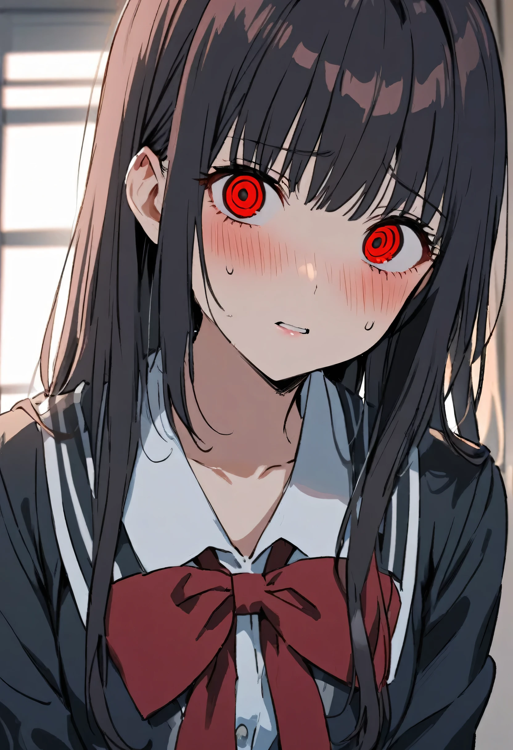 blush, cleavage,,glowing aura, natural light, masterpiece, glossy skin, juicy lips ,long hair, cute, kawaii, adorable, reaching up, adult, cuddle, kawaii clothes,random hair style, random clothes, black hair, (((pink streaks in hair))), yellow eyes, blood, knife, yandere, smile, tounge, looking up, scary