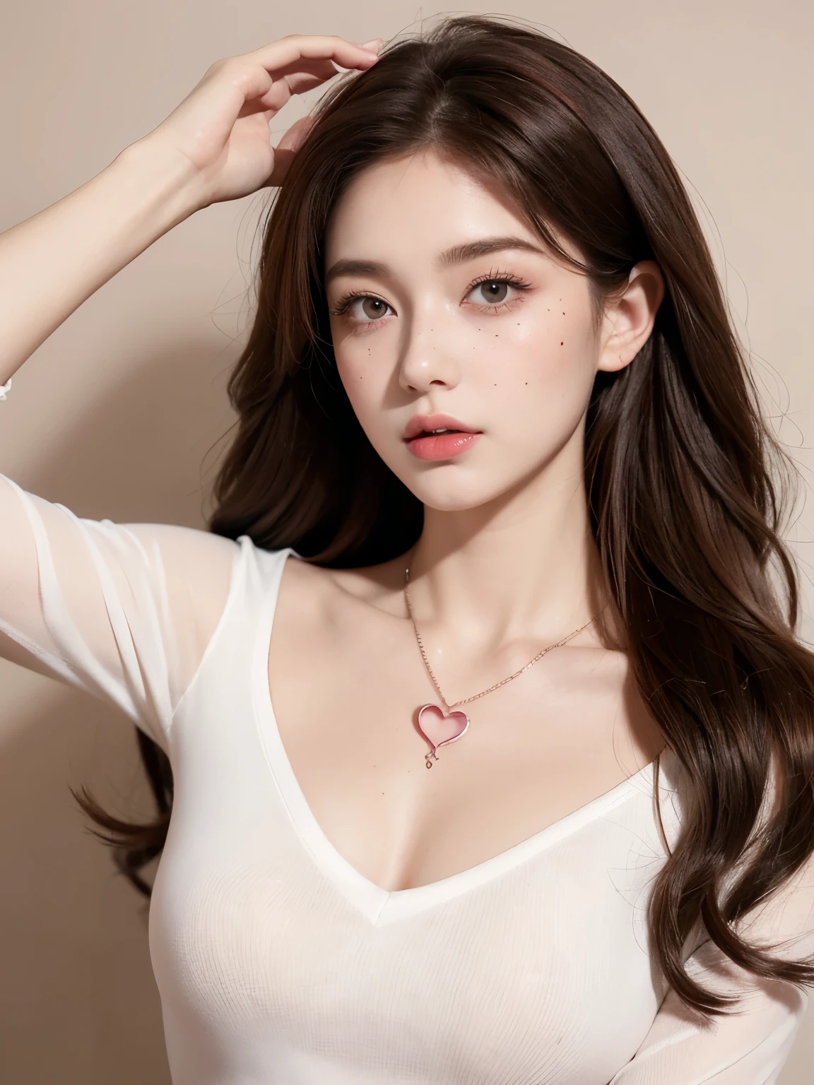 A beautiful girl, with dark red hair, with curly tips, with two bows on each side of her hair, all her hair brown-white, with a star clip in her brown-white hair, light-colored eyes, beautiful eyes, teary eyes, a beautiful and perky nose, a teary nose, pretty lips, soft red lips, heart-shaped and cupid's bow lips, beautiful pale skin, white skin, with freckles and moles all over her face, soft pink blush on her cheeks, natural pink blush, gothic soft makeup, a cruel gothic girl, a beautiful neck, a marked neck, furrowing her brow, a tender gaze, wearing a kiss necklace, a beautiful kiss necklace, wearing a shirt style YK2, with a YK2- miniskirt, while wearing a jacket, with a bare, slim, and beautiful abdomen, (large breasts, soft breasts, beautiful breasts), makeup dark, looking at the camera, taking a nice selfie.