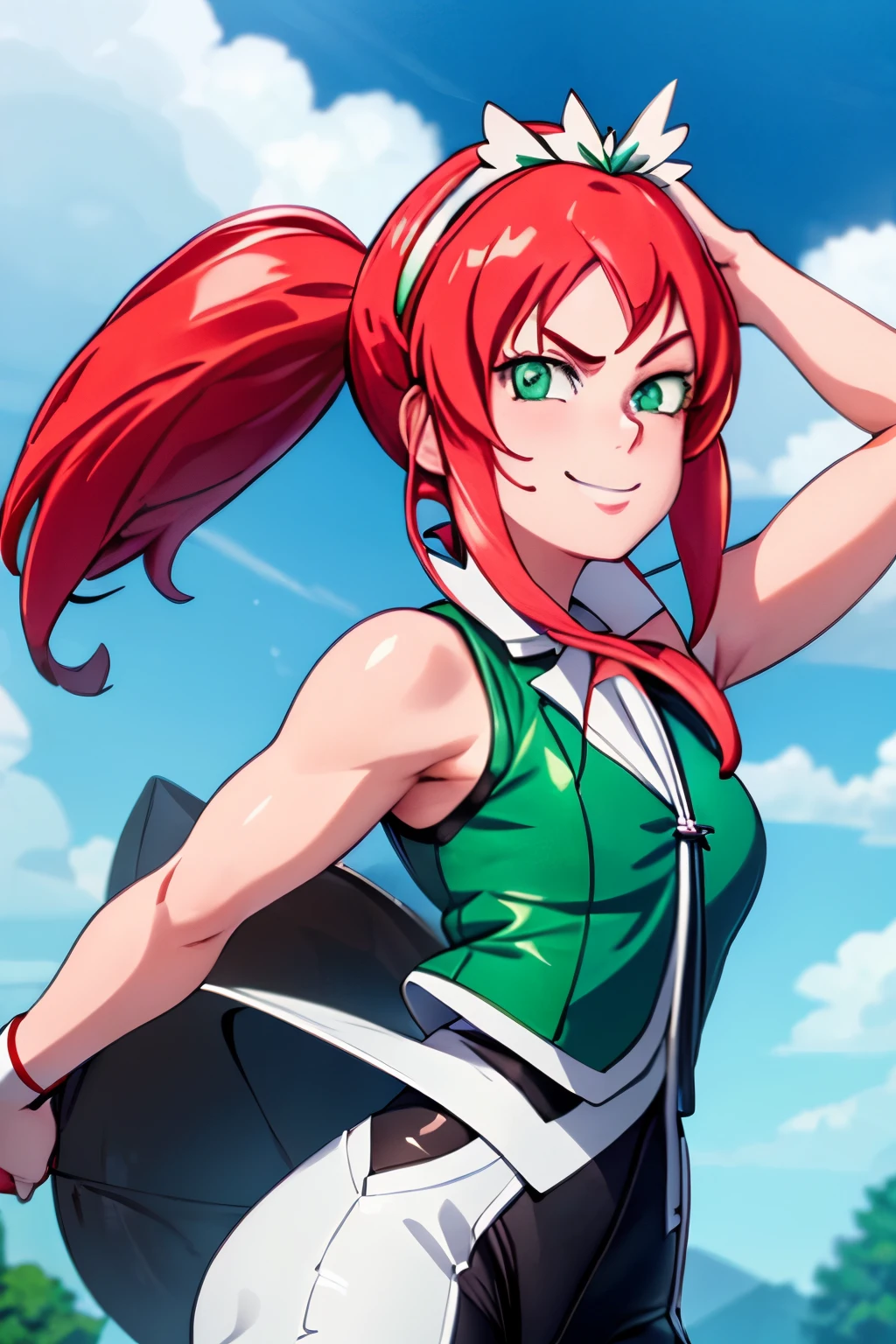 masterpiece, best quality, green vest, white shirt, black pants, cowboy shot, large-medium breasts, looking at viewer, holding kunai, holding, kunai, smile, forest, sky, clouds dynamic pose, smug smile, smug look, red hair, green eyes, normal hands, normal eyes, defined curves, self-assured, Konoha leaf headband on left arm, thick thighs, black leggings